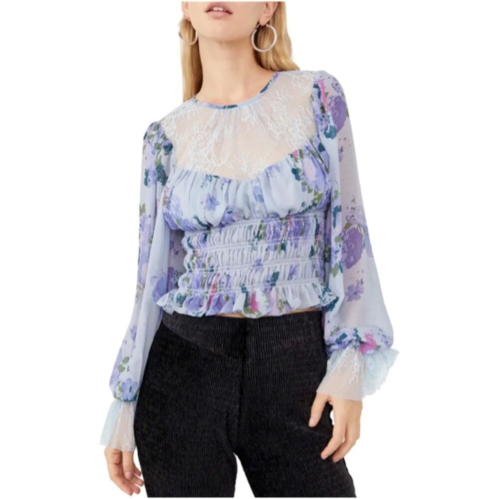 Free People Daphne Silver Blue Combo Lace Floral Print Blouse Size Medium